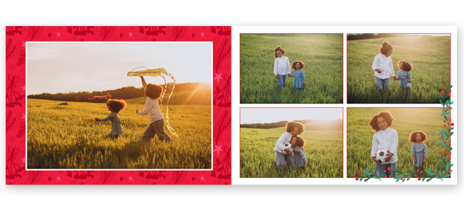 Christmas-themed photobook featuring a red festive border with star and holly designs. The left page displays a large photo of two children playing in a field at sunset. The right page showcases four smaller photos of the children in the same field, with a decorative holly border on one photo. Ideal for personalised Christmas gifts, photo albums, and holiday memories.