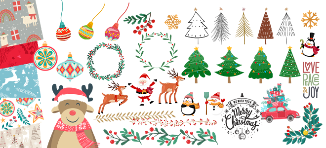 A collection of Christmas-themed clipart featuring festive elements such as decorated Christmas trees, Santa Claus, reindeer, wreaths, ornaments, snowflakes, a snowman, and holiday phrases. The clipart includes colourful and whimsical designs, perfect for holiday crafts and personalised gifts.