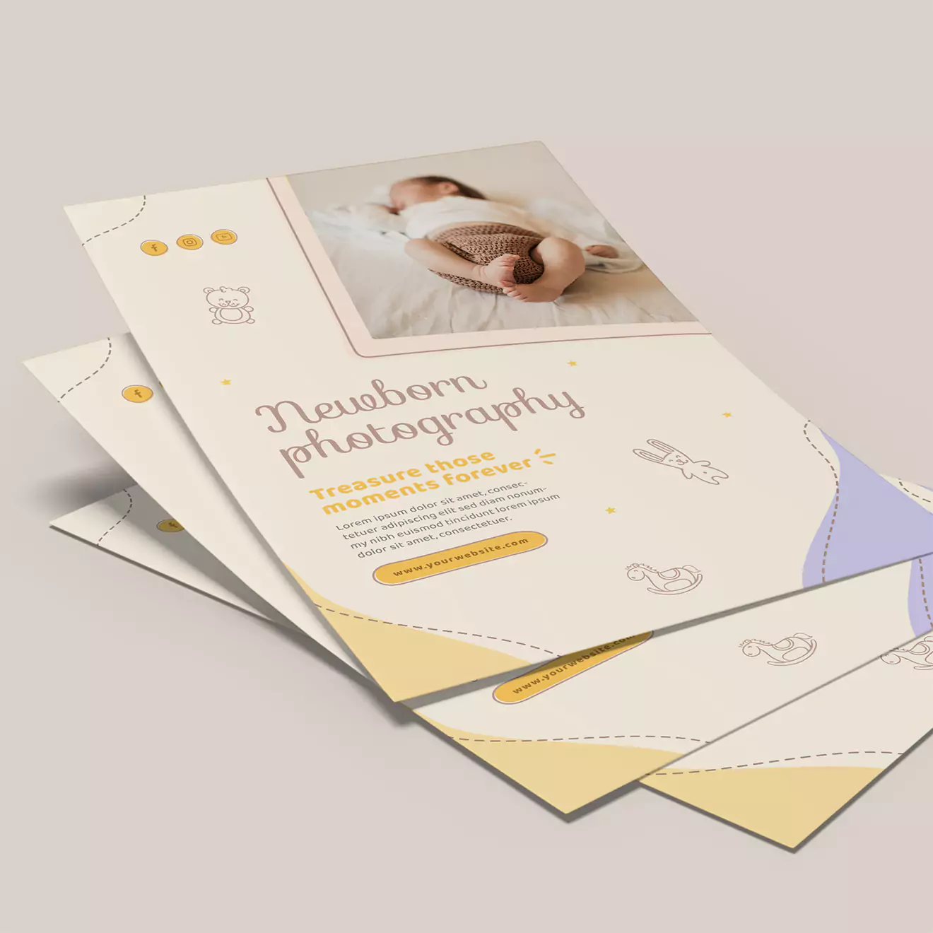 Stack of personalised newborn photography flyers featuring a soft pastel colour scheme with yellow and purple accents. The flyers showcase a photograph of a sleeping baby and include decorative illustrations of baby items. Ideal for baby shower gift ideas or promoting newborn photography services.