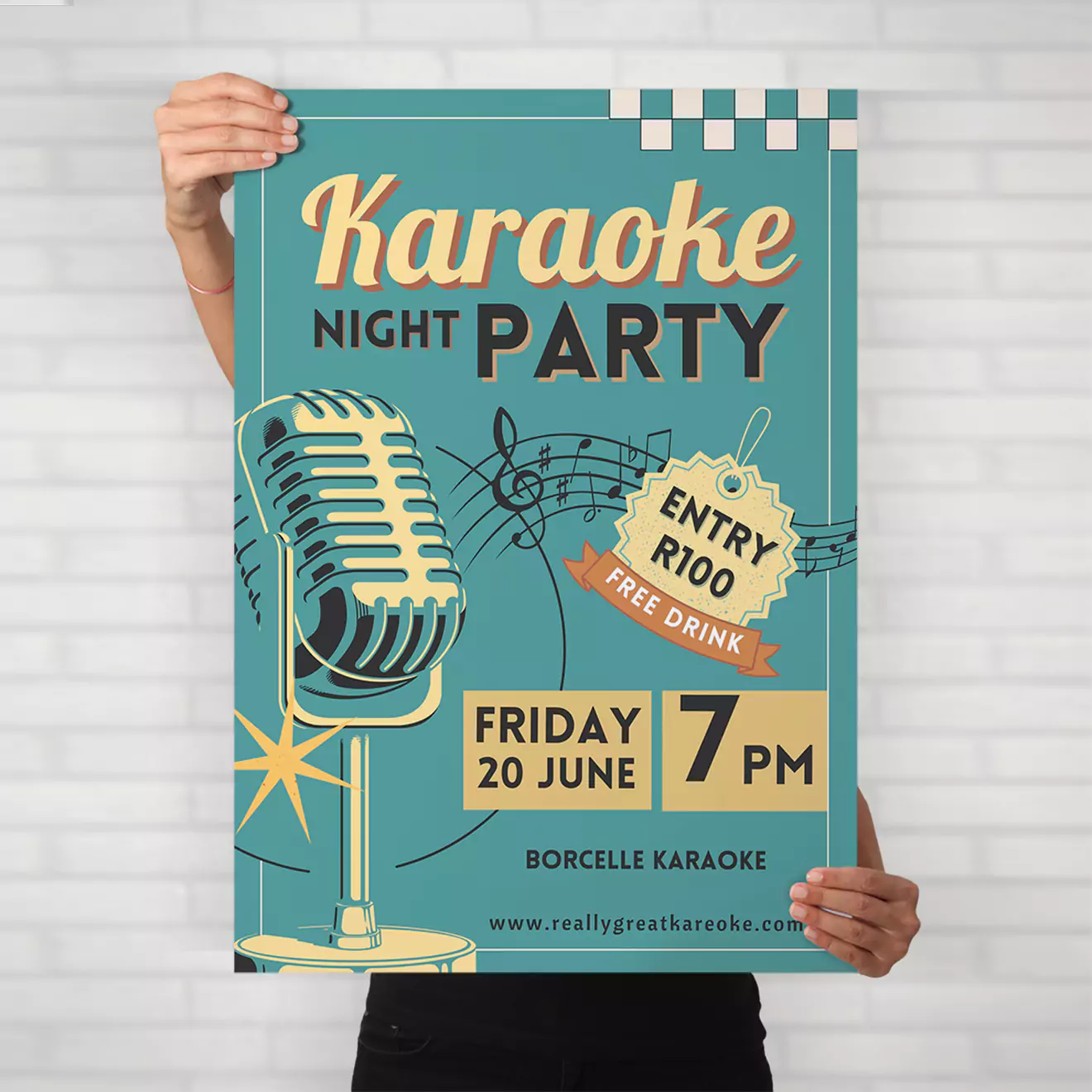 Person holding a vibrant poster for a ''Karaoke Night Party'' event. The poster features a retro-style microphone, musical notes, and a starburst design. Event details include entry fee of R100 with a free drink, scheduled for Friday, 20 June at 7 PM, hosted by Borcelle Karaoke.