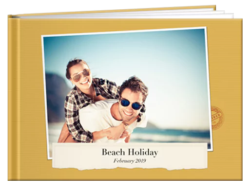 Photo book with a couple on the cover, highlighting a memorable beach holiday