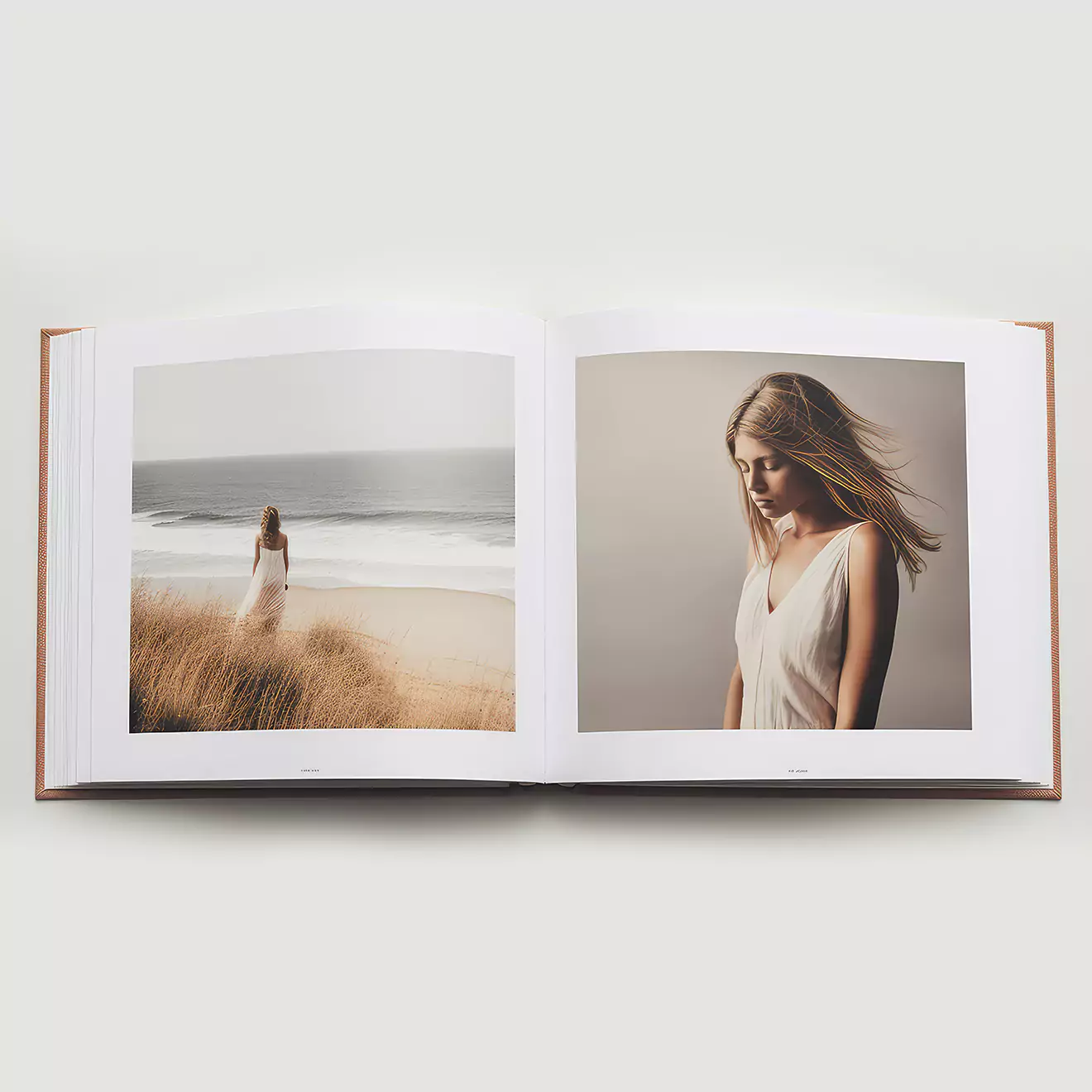 Beautiful coffee table photo book opened to the center, featuring a moody shot of a woman walking down the beach