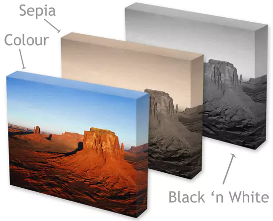 Color, Sepia, Black and White - Canvas print samples in vibrant color, sepia tones, and classic black and white styles.