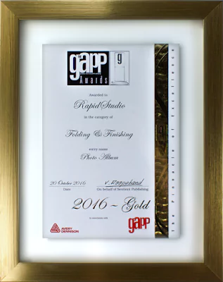 RapidStudio 1st prize award displayed in an elegant frame.