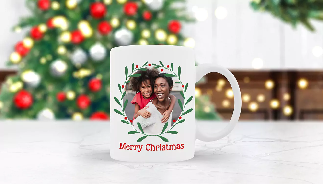 Christmas mug featuring a heartwarming illustration of a mother and child - banner