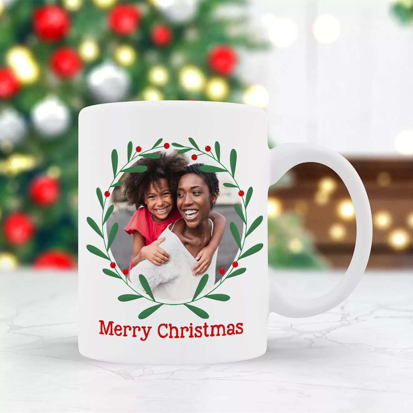 Christmas mug featuring a heartwarming illustration of a mother and child