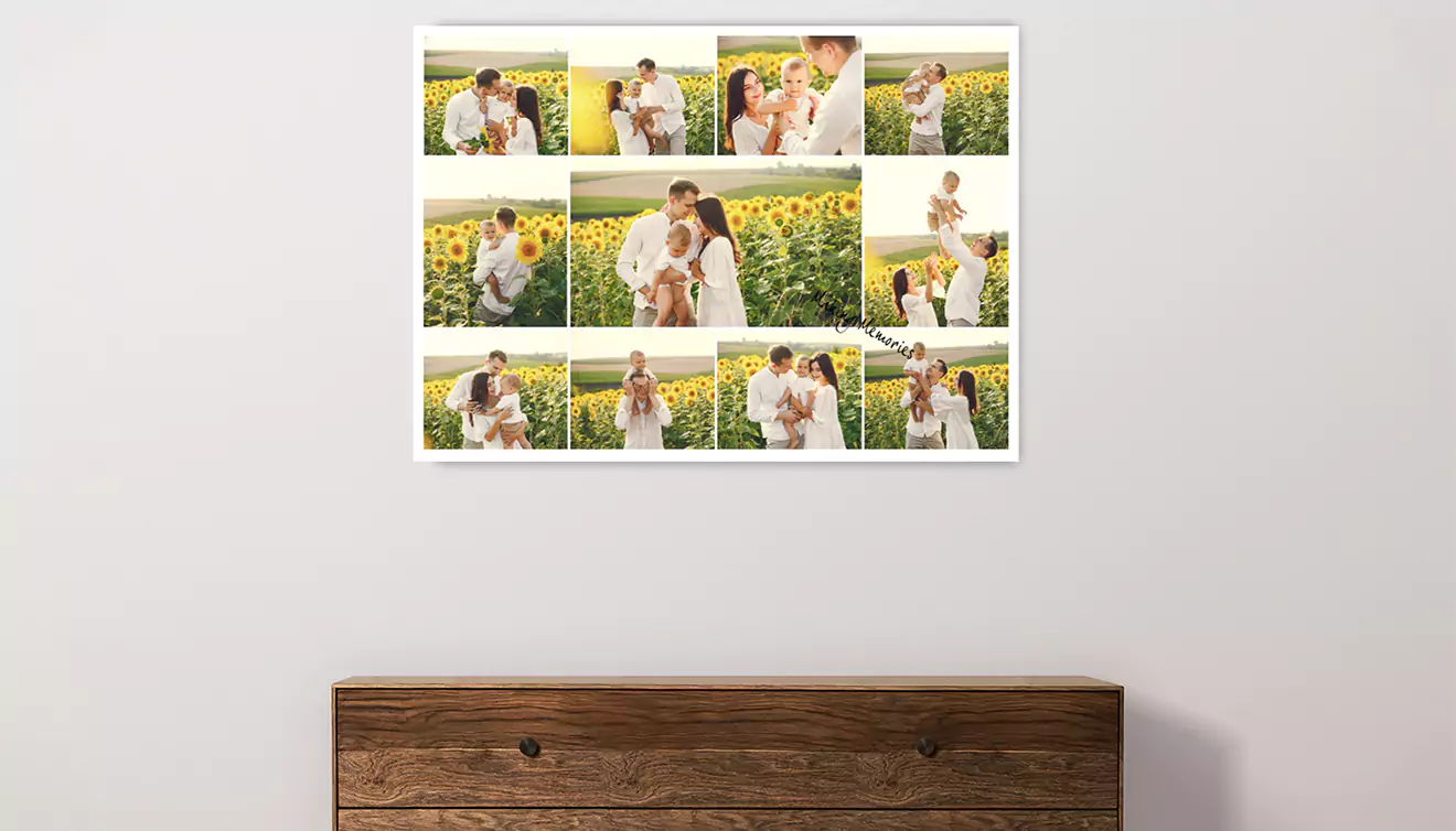 Canvas collage featuring a young family in a sunflower field, capturing a warm and joyful moment - banner