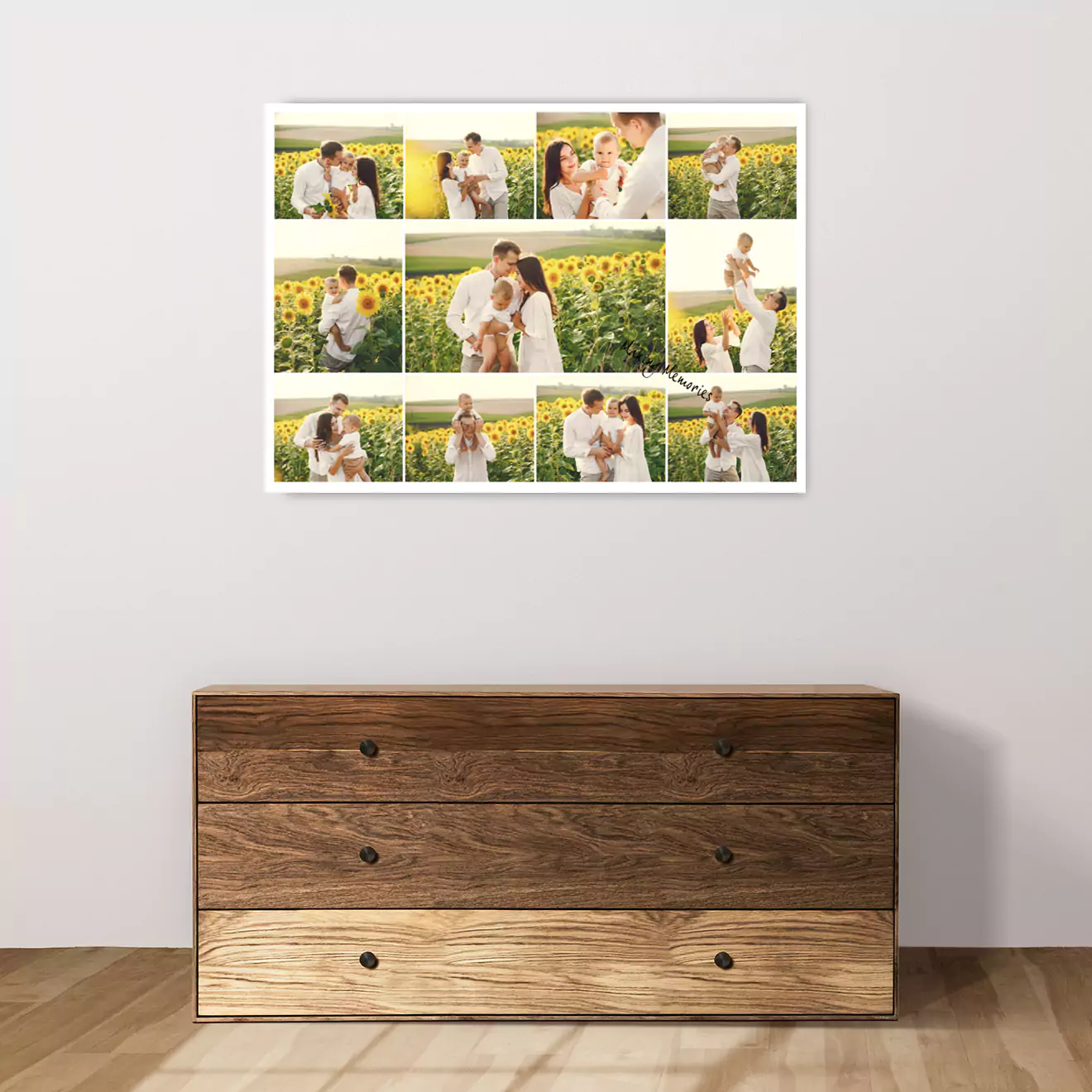 Canvas collage featuring a young family in a sunflower field, capturing a warm and joyful moment