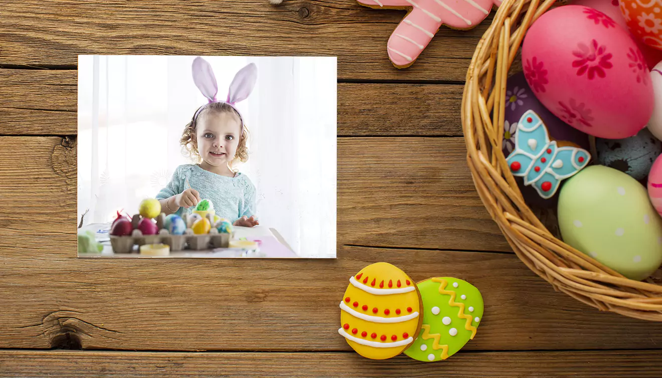 Custom Easter card featuring a child with bunny ears on her head, celebrating the holiday - banner