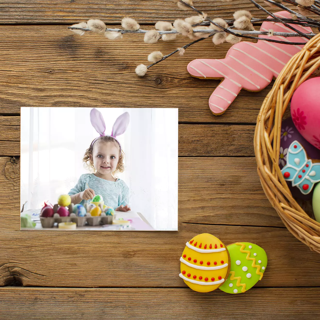 Custom Easter card featuring a child with bunny ears on her head, celebrating the holiday