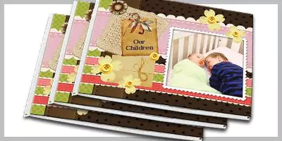 Scrapbooking photo book featuring scrapbooking items and two kids in a crib, preserving precious memories