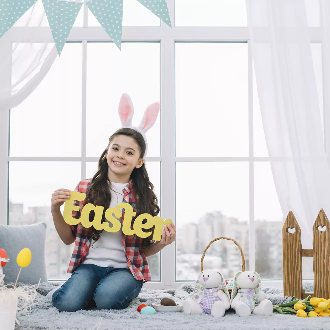 Personalised Easter shot featuring a girl with bunny ears on her head, celebrating the holiday