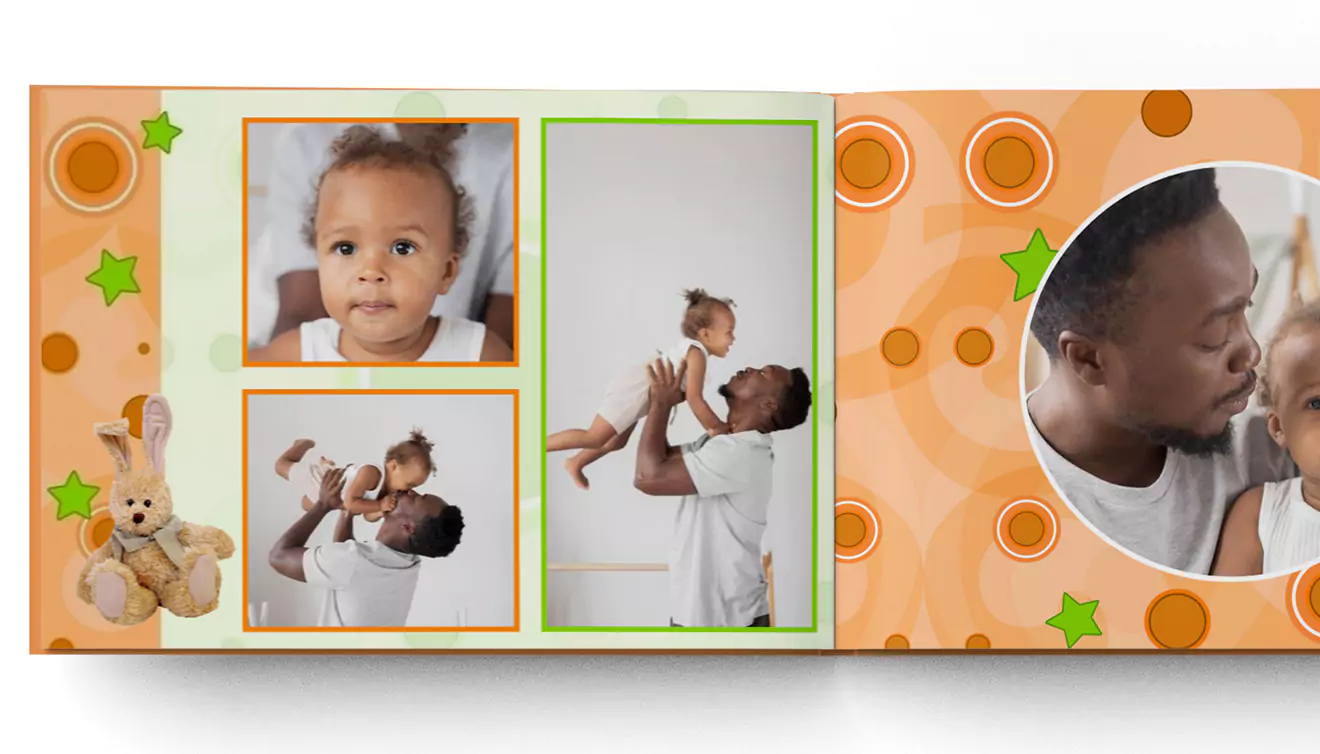 Teddy design photo book featuring a dad and his young child on the cover, capturing a sweet family moment - banner