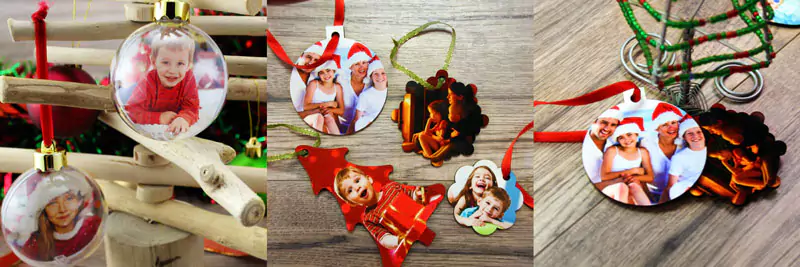 Christmas decorations featuring family members, celebrating the festive season with personalised touches