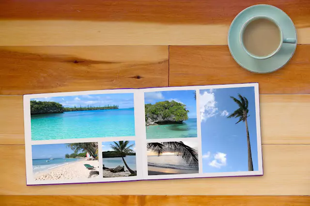 Coffee table photo book showcasing a beautiful seaside holiday, featuring stunning coastal views and relaxing moments