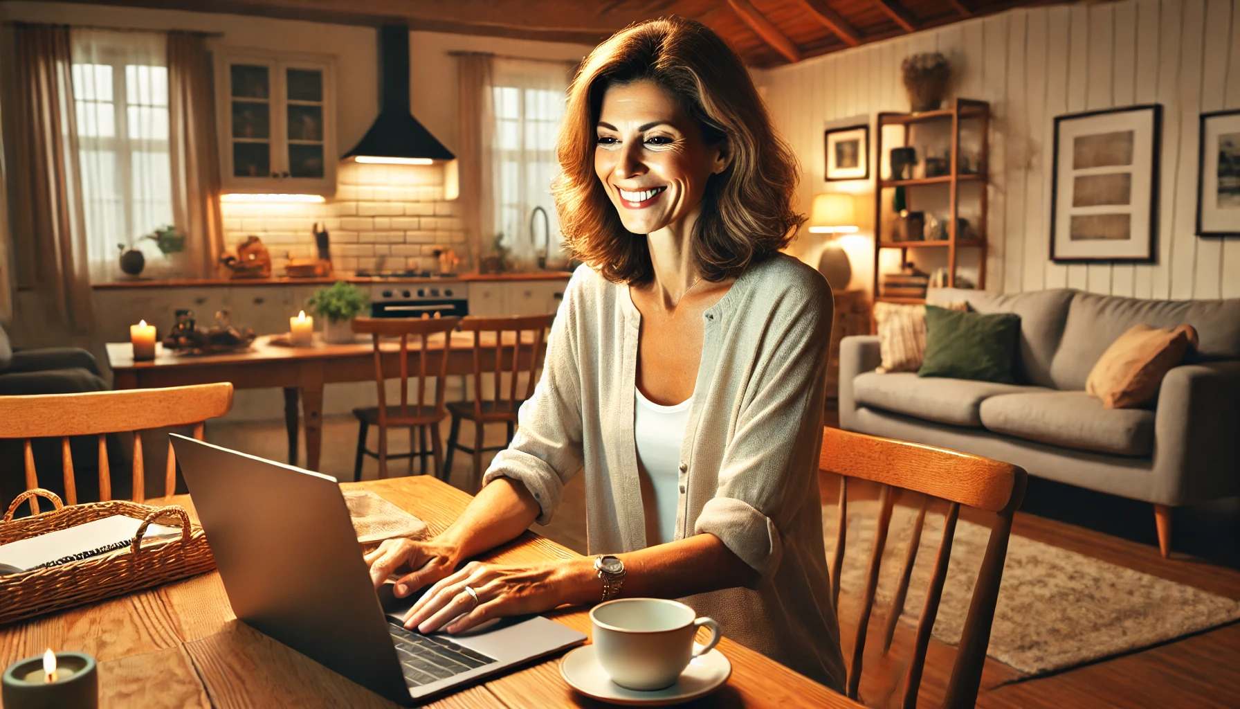 Cartoon of a woman working on her PC during a photo book workshop, engaging in the creative process