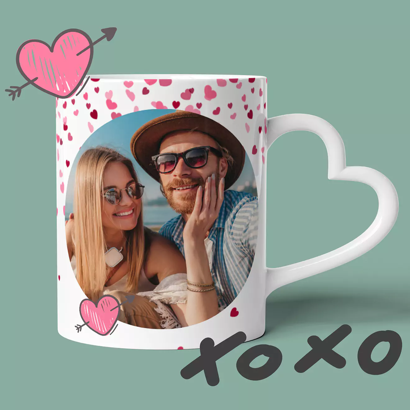 Heart shaped handle personalised coffee mug with a loving couple on it, perfect for Valentine's Day, adding a romantic touch to the occasion