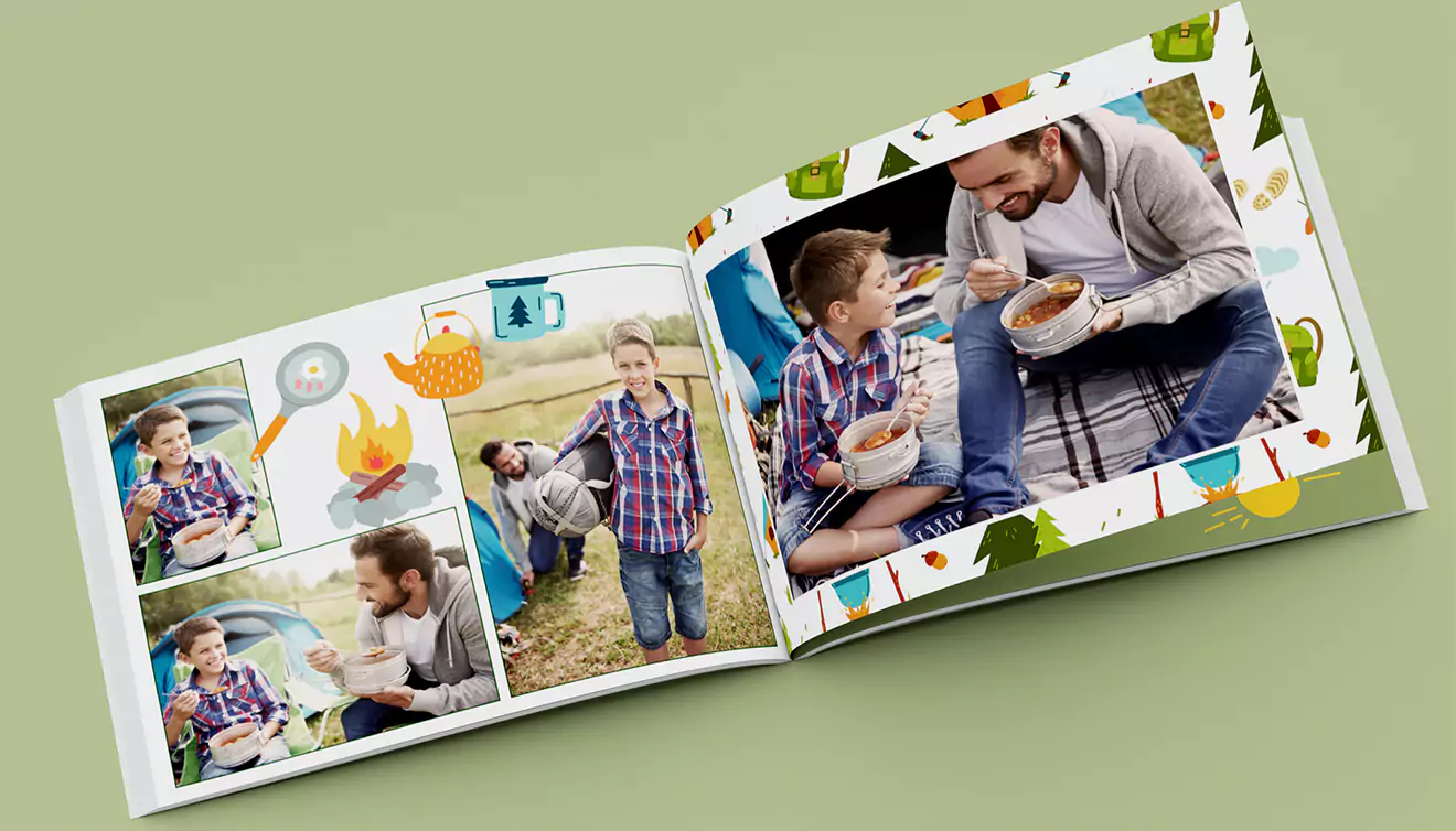 Open camping photo book featuring a dad and his youngster, capturing their outdoor adventure and bonding moments - banner