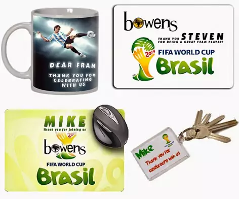 Personalised coffee cups and key rings for the event, offering customised gifts for attendees