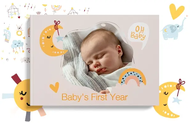 Print your own baby hardcover photobook online with RapidStudio baby template