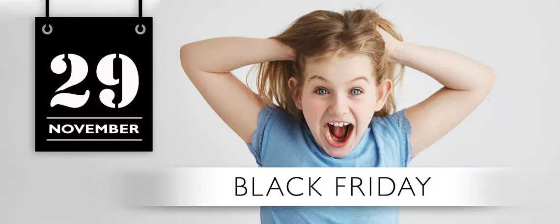 Excited little girl screaming with joy over Black Friday specials