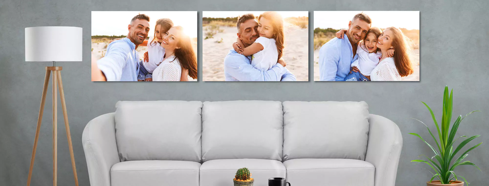 Canvas set featuring a family of three displayed in a cozy lounge room