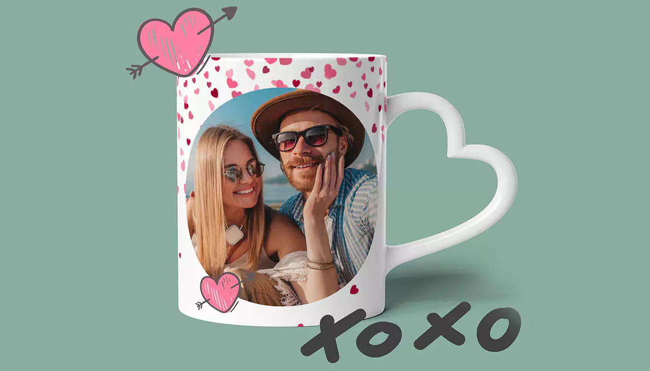 Heart shaped handle personalised coffee mug with a loving couple on it, perfect for Valentine's Day, adding a romantic touch to the occasion - banner